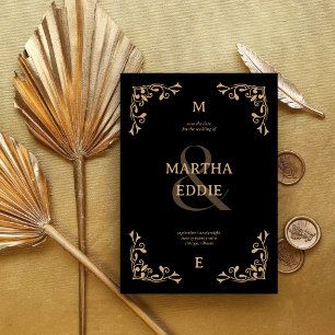 Modern Deco   Black and Gold Photo Back Wedding Save The Date
