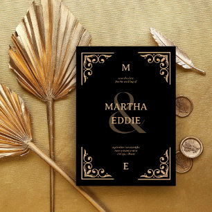 Modern Deco   Black and Gold Photo Back Wedding Save The Date