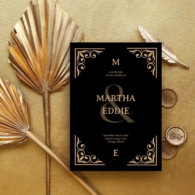 Modern Deco | Black and Gold Photo Back Wedding Save The Date (Creator Uploaded)