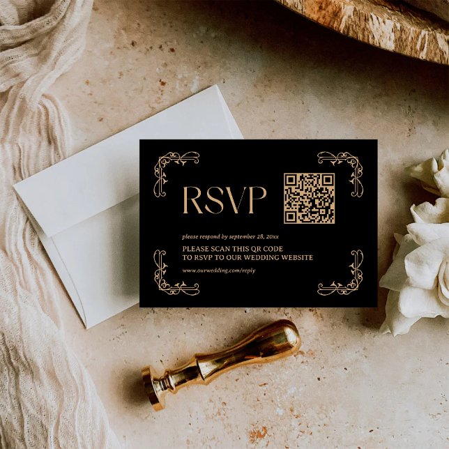 Modern Deco | Black and Gold Wedding QR Code RSVP Card (Modern deco black and gold QR code RSVP card makes guest replies easy with elegant style.)