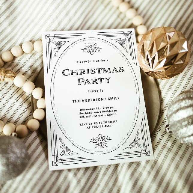 Modern Deco | Black and White Christmas Party Invitation (An elegant, black and white art deco style Christmas party invitation)