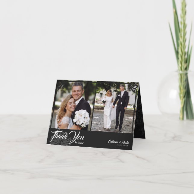 Modern Deco Black Peacock 2 Photo Wedding Folded  Thank You Card (Front)