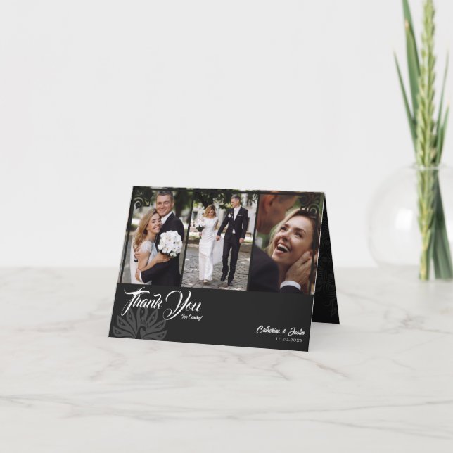Modern Deco Black Peacock 3 Photo Wedding Folded Thank You Card (Front)