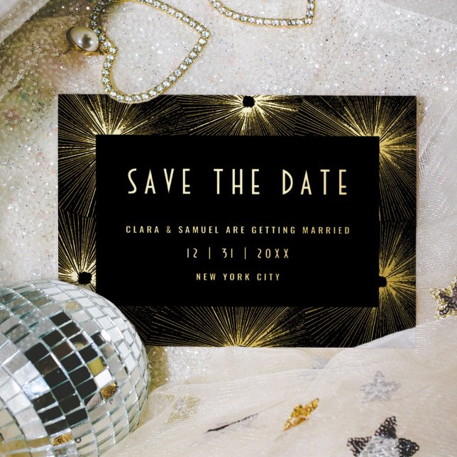 Modern Deco Black Wedding Save the Date Gold Foil  Invitation Postcard (Fireworks bursts black and gold foil glamorous wedding Save the Date invitation.)