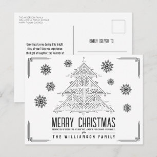 Modern Deco Christmas Tree Snowflakes Black White Holiday Postcard