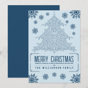 Modern Deco Christmas Tree Snowflakes Light Blue Holiday Card
