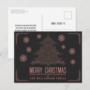 Modern Deco Christmas Tree Snowflakes Pink Black Holiday Postcard