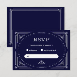 Modern Deco Dark Navy Blue and White RSVP Card