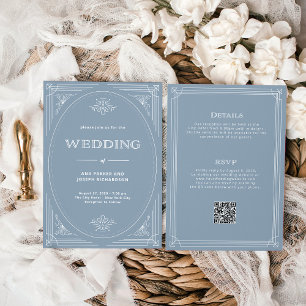 Modern Deco Dusty Blue All in One QR Code Wedding Invitation