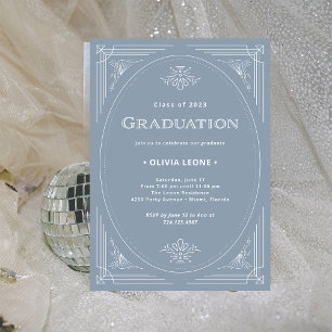 Modern Deco Dusty Blue and White Graduation Invitation