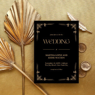 Modern Deco   Elegant Black and Gold Wedding Invitation