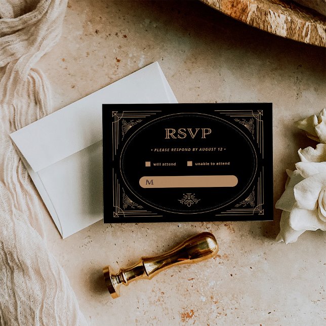 Modern Deco | Elegant Black and Gold Wedding RSVP Card (Creator Uploaded)