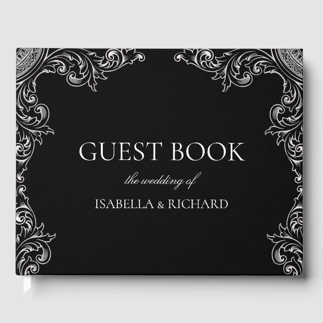 Modern Deco | Elegant Black and White Wedding Guest Book (Front)