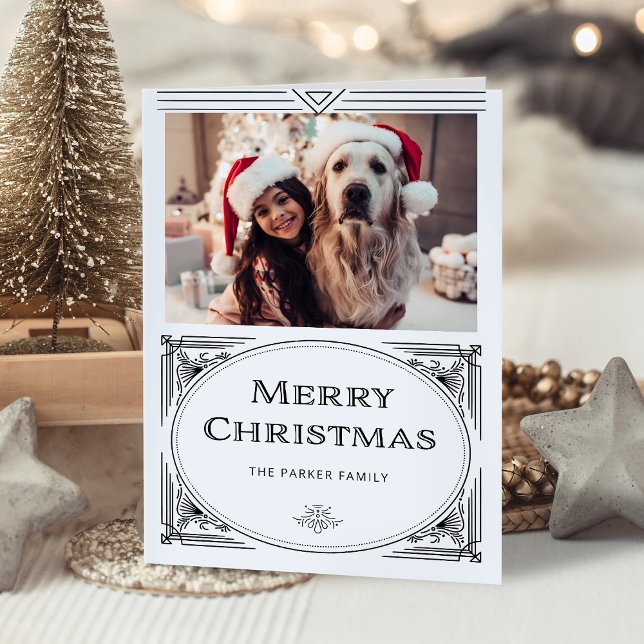 Modern Deco | Elegant Black and White with Photo Holiday Card (An elegant, black and white holiday card with classic art deco elements)