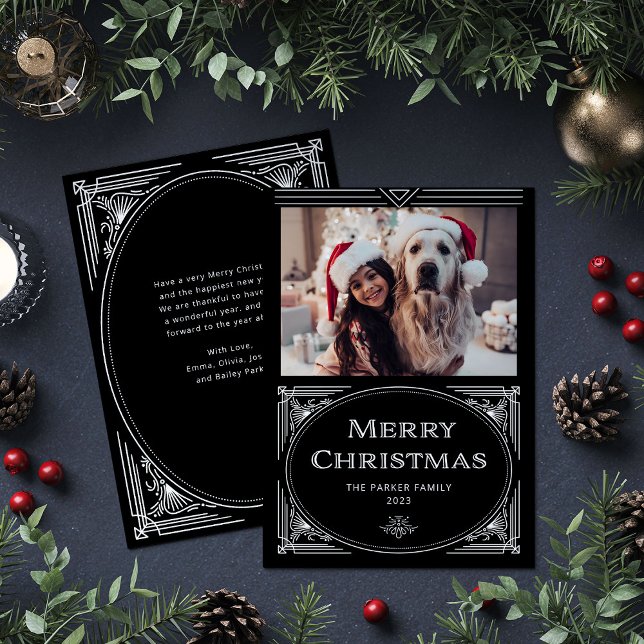 Modern Deco | Elegant Black with Photo Holiday Card (An elegant, art deco style black Christmas card)