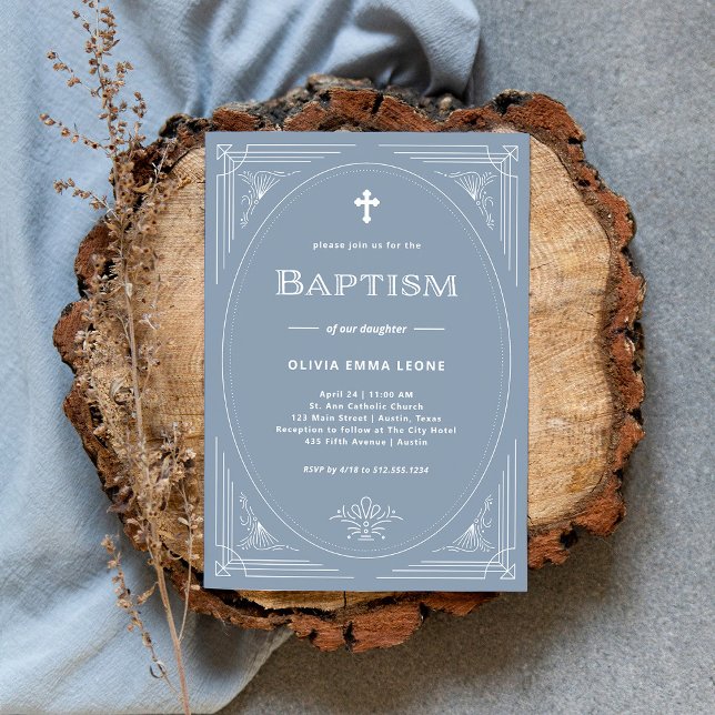 Modern Deco | Elegant Dusty Blue and White Baptism Invitation (An elegant, dusty blue and white Baptism invitation for a boy or a girl)