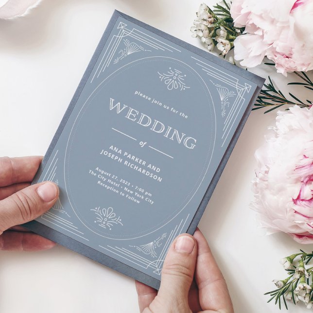 Modern Deco | Elegant Dusty Blue and White Wedding Invitation (Creator Uploaded)