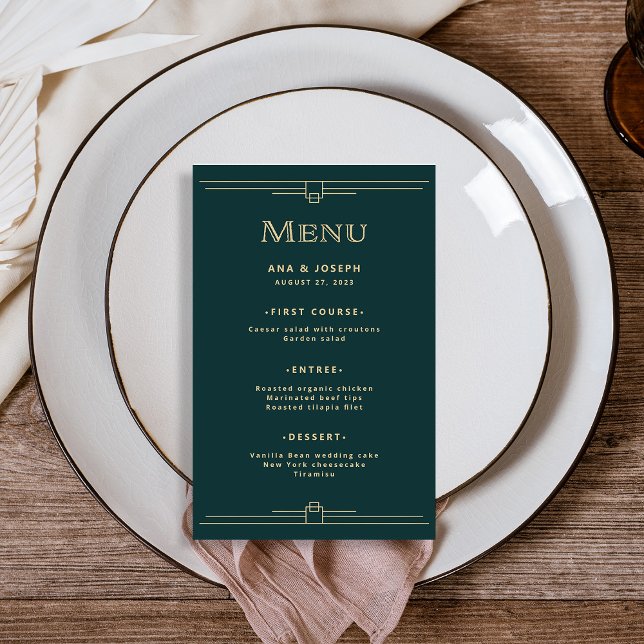 Modern Deco | Elegant Emerald Green Wedding Menu (An elegant, rich emerald green wedding menu in art deco style, with champagne gold accents)