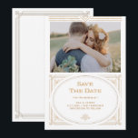 Modern Deco | Elegant Faux Gold and White Photo Save The Date<br><div class="desc">These glamourous wedding save the date cards feature a modern spin on classic art deco. An ornate,  faux gold look geometric frame and ornamentation decorate an elegant white background with your favourite personal photo for a dramatic,  vintage wedding look.</div>