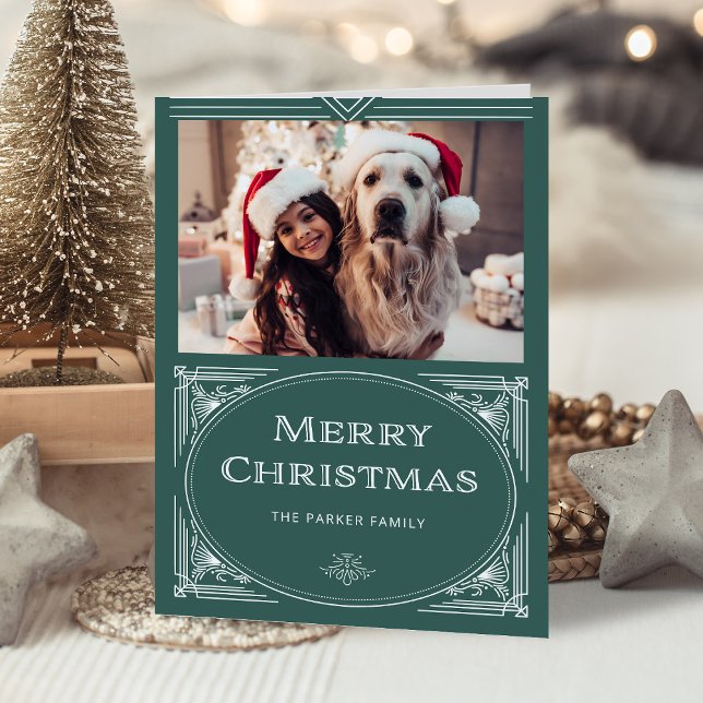 Modern Deco | Elegant Green with Photo Holiday Card (An elegant, rich green holiday card with classic art deco elements)