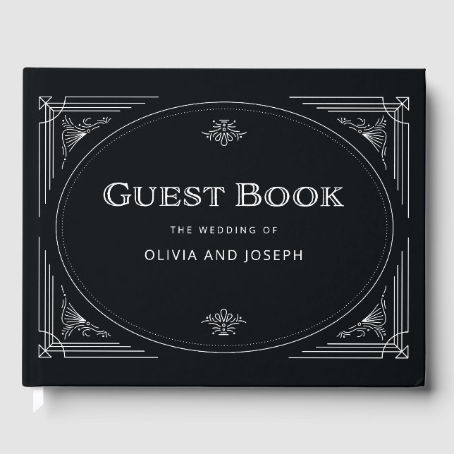 Modern Deco | Elegant Onyx Black and White Wedding Guest Book (Front)