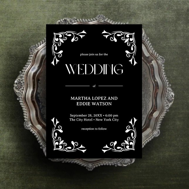 Modern Deco | Elegant Onyx Black and White Wedding Invitation (Modern deco onyx black and white wedding invitation sets a bold, elegant wedding tone.)