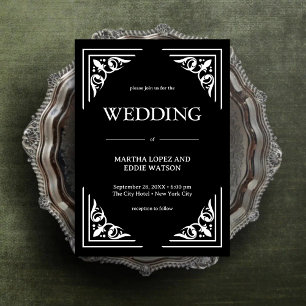 Modern Deco   Elegant Onyx Black and White Wedding Invitation