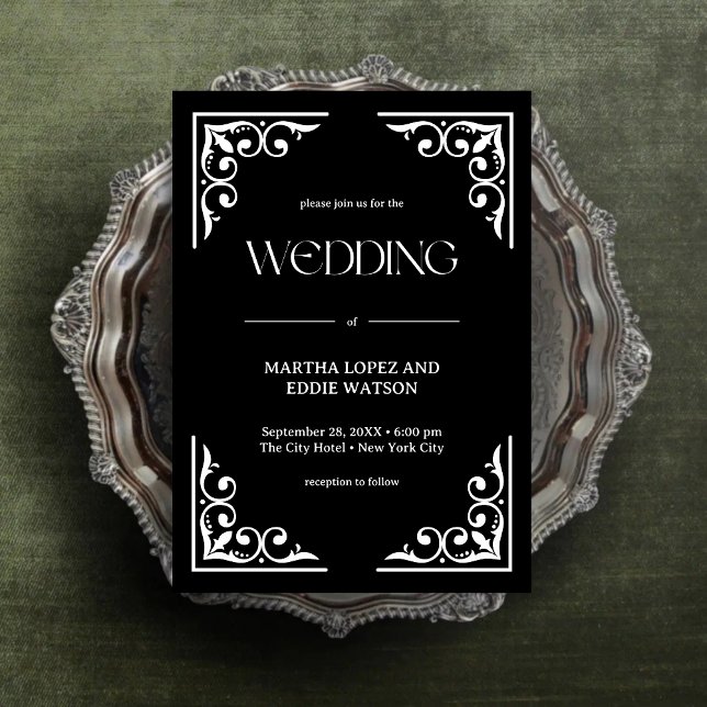 Modern Deco | Elegant Onyx Black and White Wedding Invitation (Modern deco onyx black and white wedding invitation adds sleek elegance to your big day.)