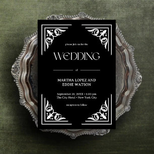 Modern Deco   Elegant Onyx Black and White Wedding Invitation