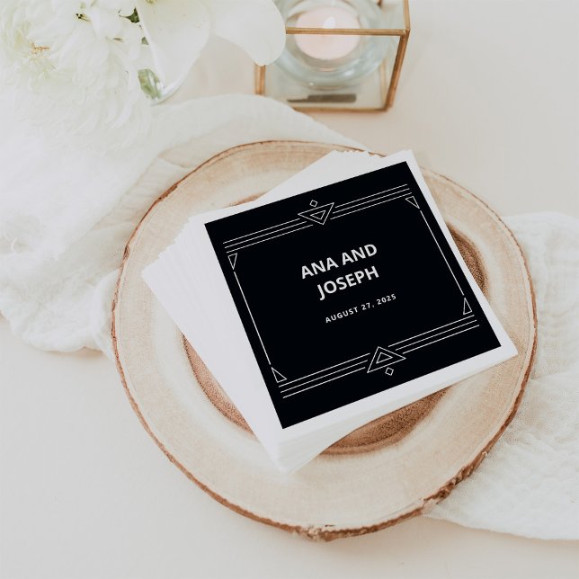 Modern Deco | Elegant Onyx Black and White Wedding Napkin (Elegant, dark onyx black wedding napkins with art deco style)
