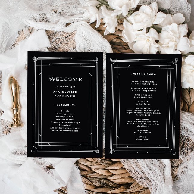 Modern Deco | Elegant Onyx Black and White Wedding Program (A vintage, art deco style wedding program in dark onyx black)
