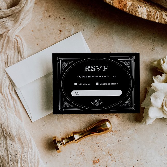 Modern Deco | Elegant Onyx Black and White Wedding RSVP Card (Creator Uploaded)