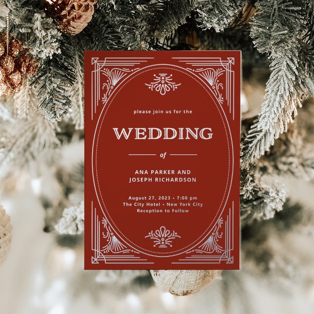 Modern Deco | Elegant Red Holiday Wedding (An elegant, glamorous Christmas wedding invitation in festive red with silver foil accents)