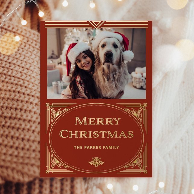 Modern Deco | Elegant Red with Photo Gold Foil Holiday Card (An elegant, shimmering gold foil holiday card on a festive red background with two photos.)