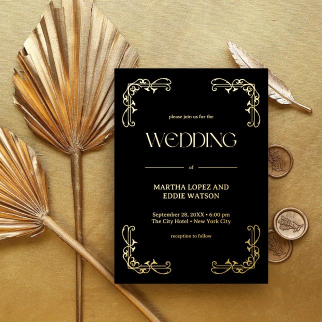 Modern Deco | Elegant Wedding Black and Gold (Modern deco black and gold foil invitation adds refined elegance to your wedding day.)