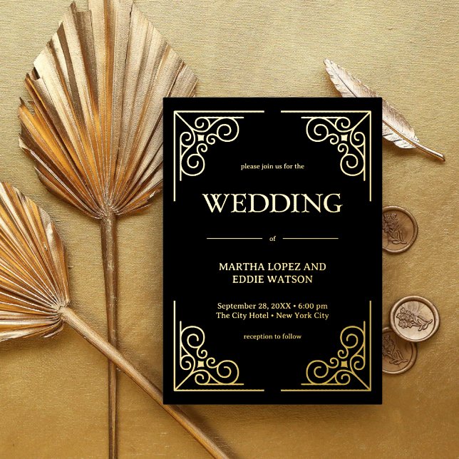 Modern Deco | Elegant Wedding Black and Gold (Modern deco black and gold foil invitation brings refined luxury to your wedding celebration.)