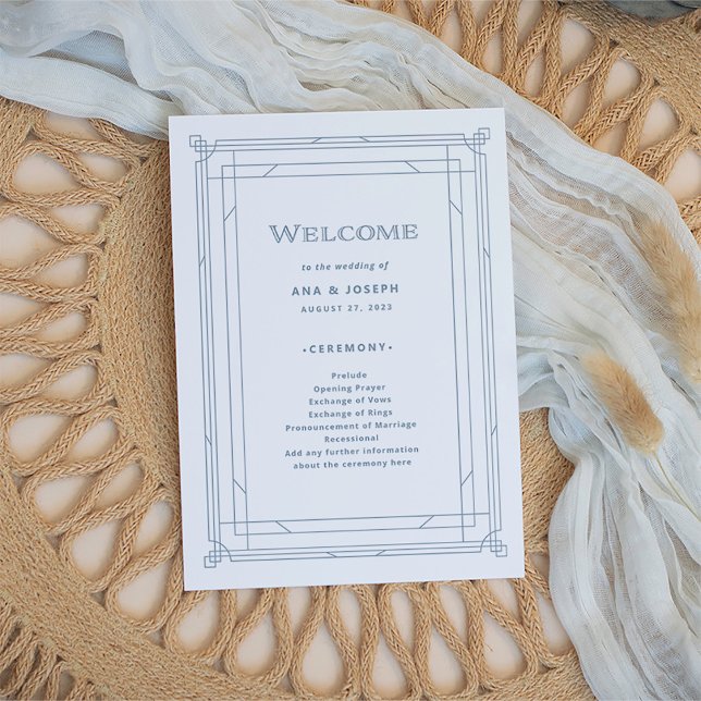 Modern Deco | Elegant White and Dusty Blue Wedding Program (An elegant art deco style wedding program, in dusty blue on a white background)
