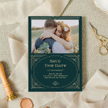 Modern Deco | Emerald Green and Champagne Photo Save The Date<br><div class="desc">These glamourous wedding save the date cards feature a modern spin on classic art deco. An ornate,  faux champagne gold look geometric frame and ornamentation decorate an elegant emerald green background with your favourite personal photo for a dramatic,  vintage wedding look.</div>