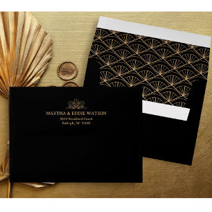 Modern Deco   Faux Gold Look and Black Wedding Envelope