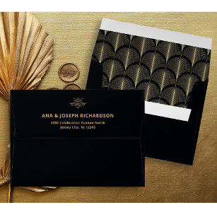 Modern Deco   Faux Gold Look and Black Wedding Envelope