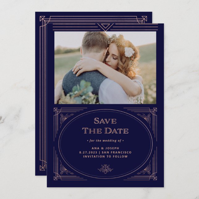 Modern Deco | Faux Rose Gold and Navy Blue Photo Save The Date (Front/Back)