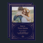 Modern Deco | Faux Rose Gold and Navy Blue Photo Save The Date<br><div class="desc">These glamourous wedding save the date cards feature a modern spin on classic art deco. An ornate, faux rose gold look geometric frame and ornamentation decorate an elegant dark navy blue background with your favourite personal photo for a dramatic, vintage wedding look.</div>