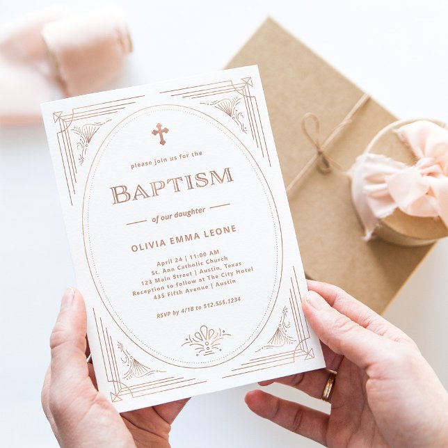 Modern Deco | Faux Rose Gold and White Baptism Invitation (Creator Uploaded)