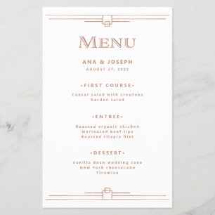 Modern Deco   Faux Rose Gold on White Wedding Menu