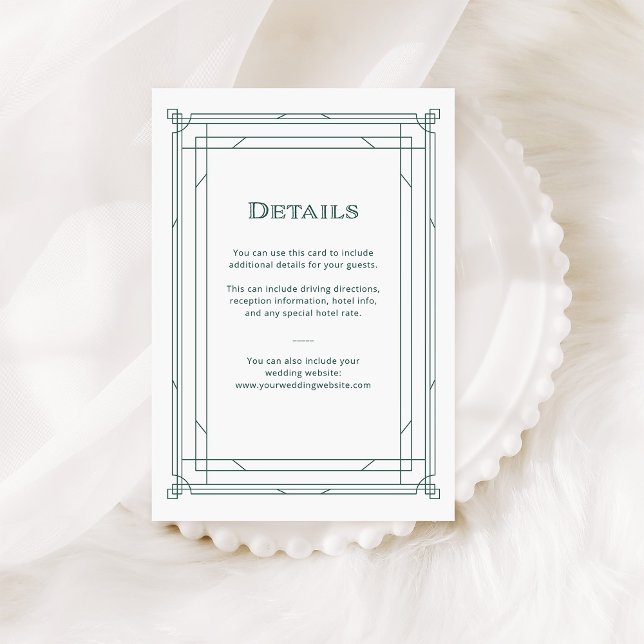 Modern Deco Green and Silver Wedding Guest Details Enclosure Card (An elegant, green and white art deco style guest details card for your holiday wedding)