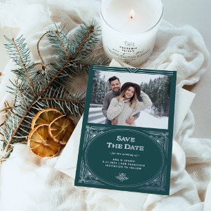Modern Deco   Green Holiday Photo Save the Date