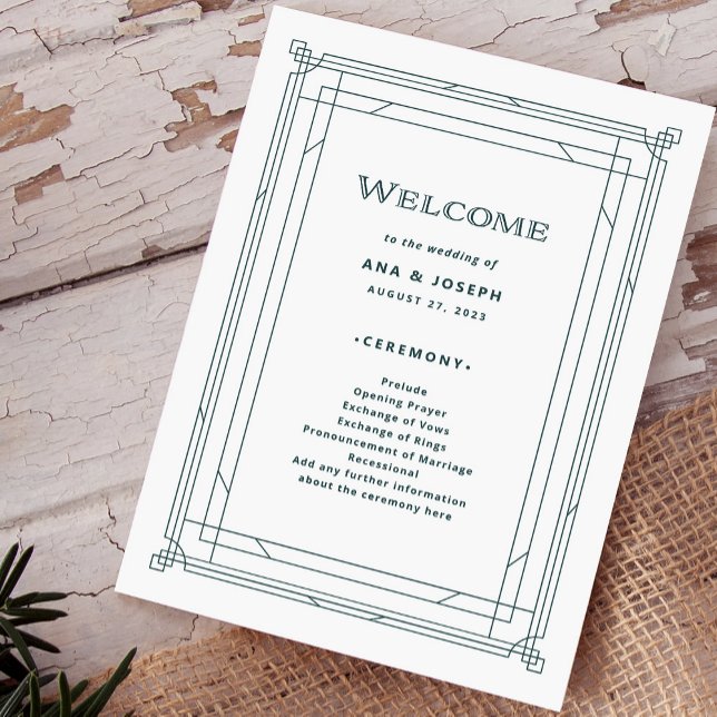 Modern Deco | Light Silver White and Green Wedding Program (An elegant wedding welcome program for your holiday wedding)