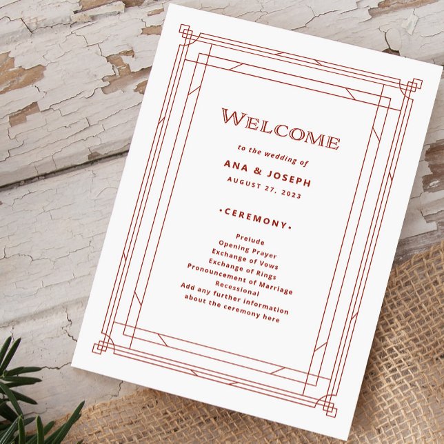 Modern Deco | Light Silver White and Red Wedding Program (A festive wedding welcome program for your holiday wedding)
