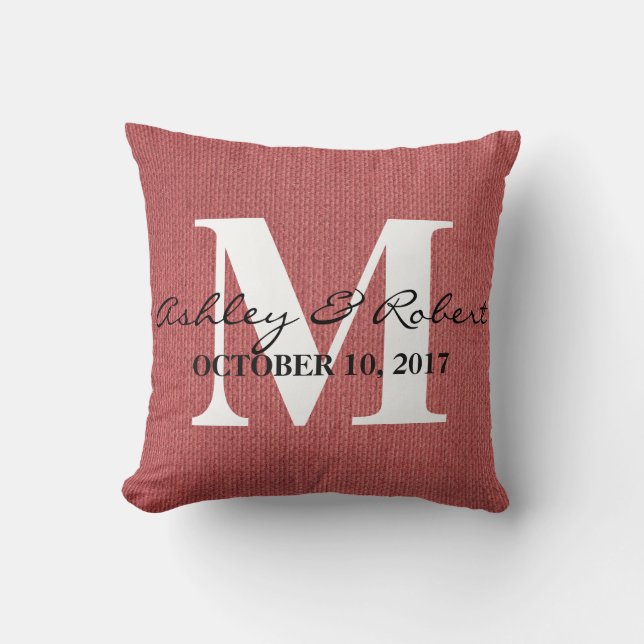 Modern Decorative Burlap White Monogram Wedding Throw Pillow (Front)