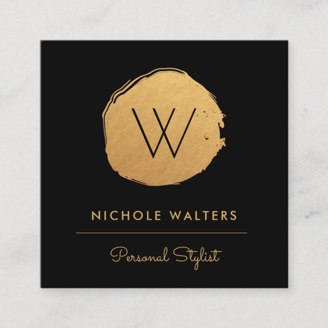 Modern Deep Black Faux Foil Circle | Gold Gold Square Business Card (Front)